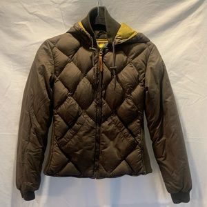 Eddie Bauer hooded brown premium goose down puffer quilted jacket front zipper